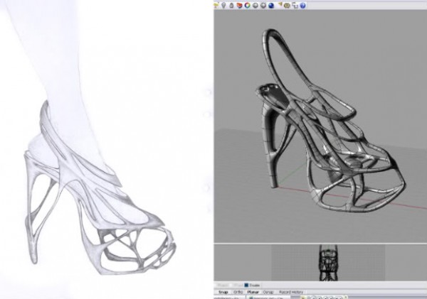 Designer Naim Josefi concept sketch for the Melonia shoe and its 3D visualization