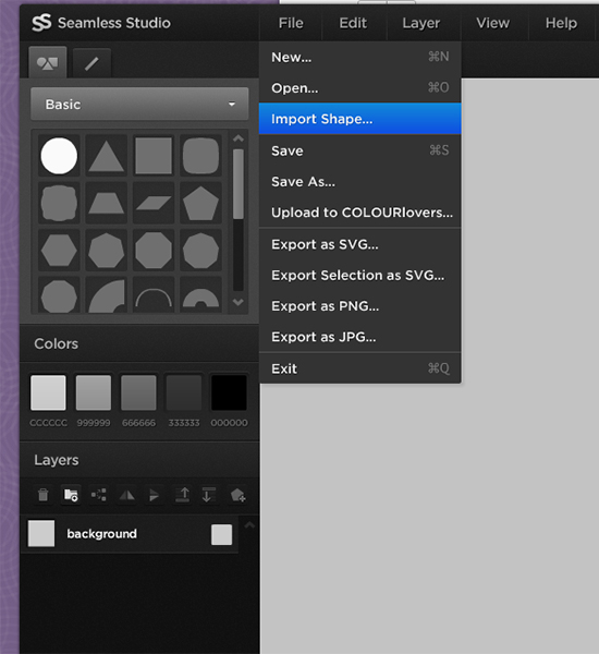 Also from the File pull-down menu, you can select Import Shape but only SVG.